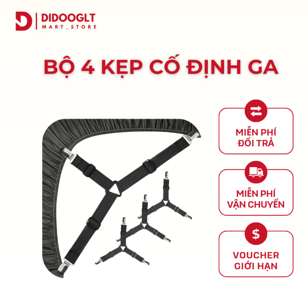 Bộ 4 kẹp ga giường drap chống xê dịch - Bộ dây kẹp 3 chấu inox cố định ga giường