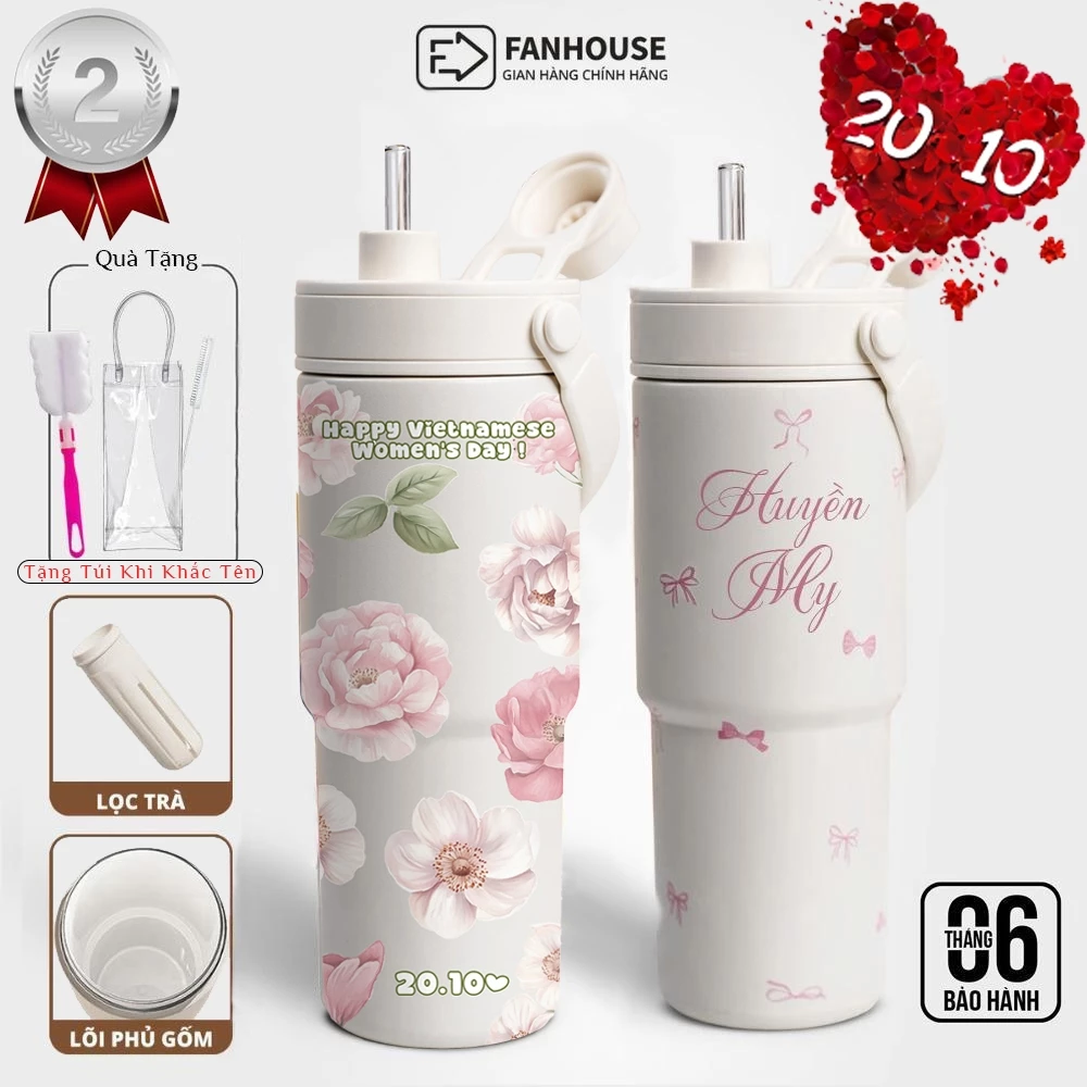 Ly giữ nhiệt Simply Inox 316 Phủ Sứ 735ml ống hút thủy tinh, cốc giữ nhiệt Fan House khắc tên