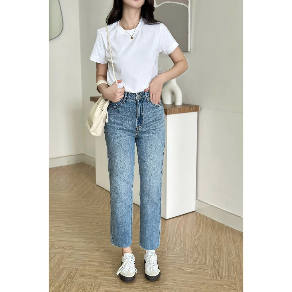 Quần Jean Nữ REDE Ống Đứng Cắt Lai Dáng Dưới 1m55, Jeans Mềm Đứng Form Tốt Xanh Đậm Trơn/Xanh Nhạt Wash