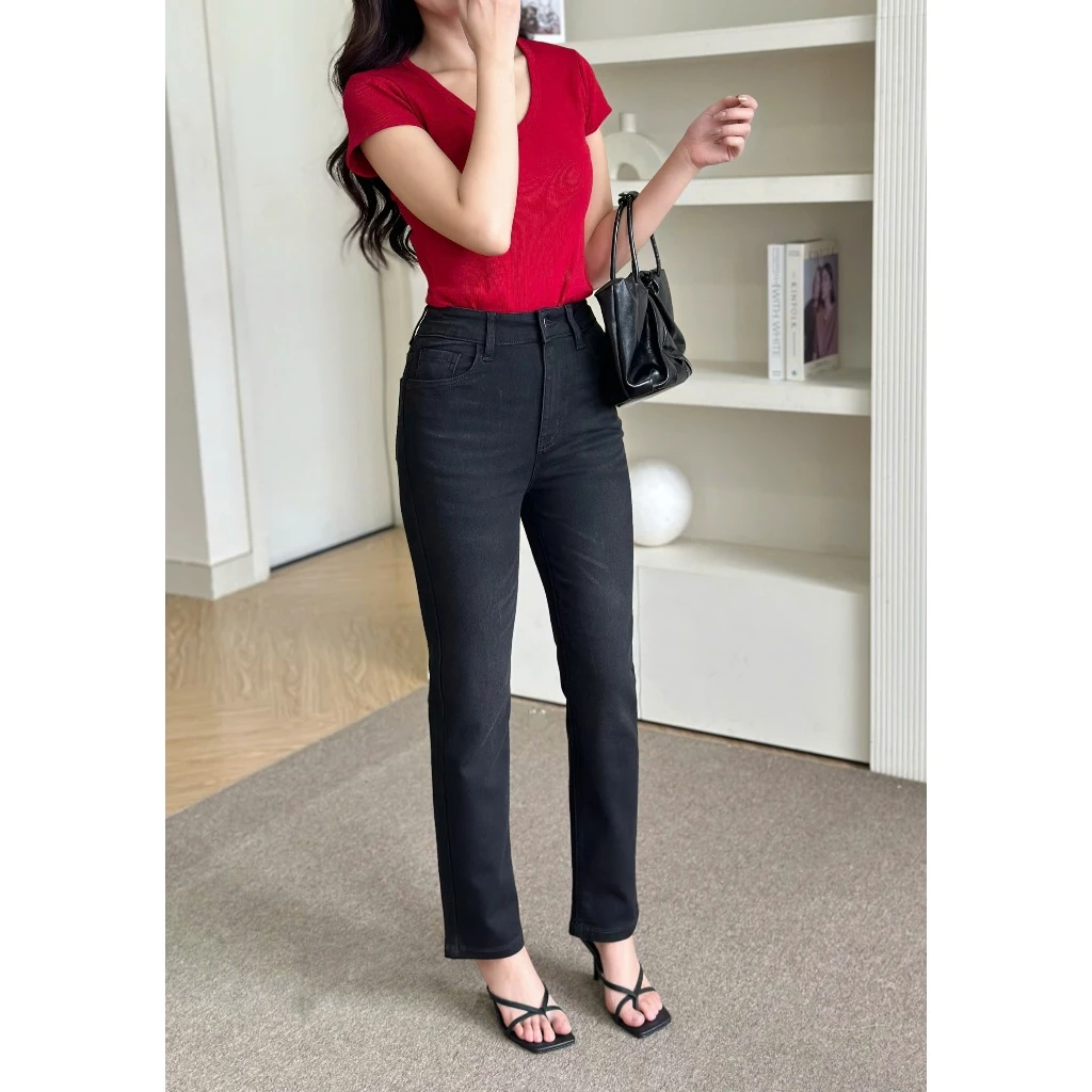 Quần Jean Nữ REDE BS-07A Ống Đứng Đen Wash, Co Giãn Nhẹ, Jeans Mềm Lưng Cao Tôn Chân