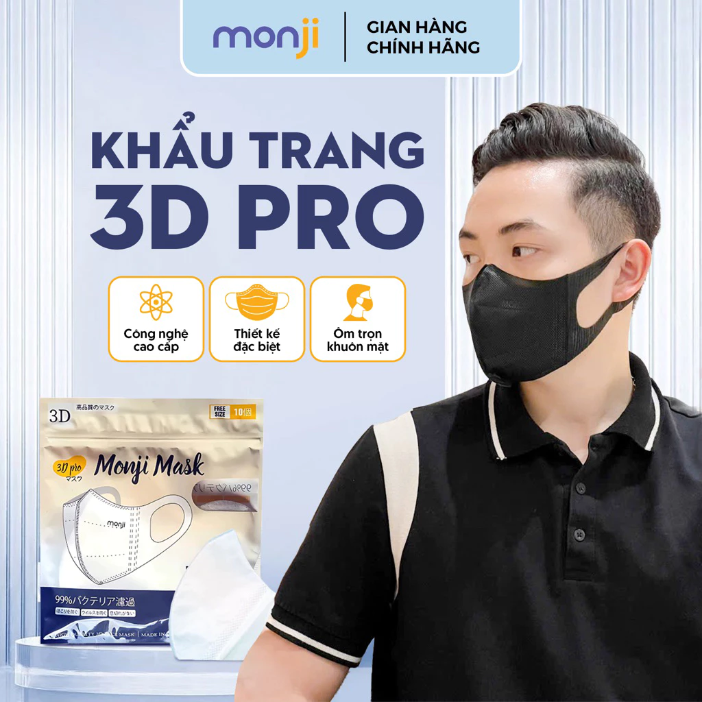 100 Chiếc Khẩu Trang SOÁI CA - 3D Pro Monji Cao Cấp, Công Nghệ Nhật Bản Mask 3 Lớp Lọc Khuẩ, Chống Tia UV, quai đeo mại.