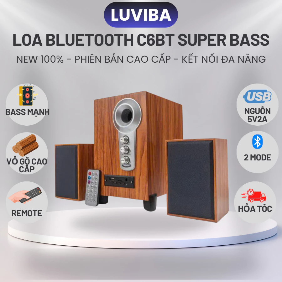 Loa bluetooth vi tính Luviba, loa máy tính laptop để bàn C6BT bass mạnh mini đẹp chất có dây