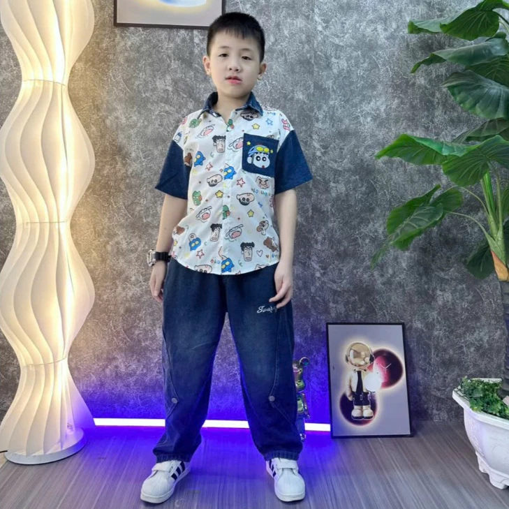Sét Bộ Phối Bé Trai Áo Sơ Mi Cộc Tay - Quần Bò Jean Mềm - Đi Tiệc Đi Chơi Fom Mặc Thoái Mái Chất Liệu Mềm Thoái Mái---