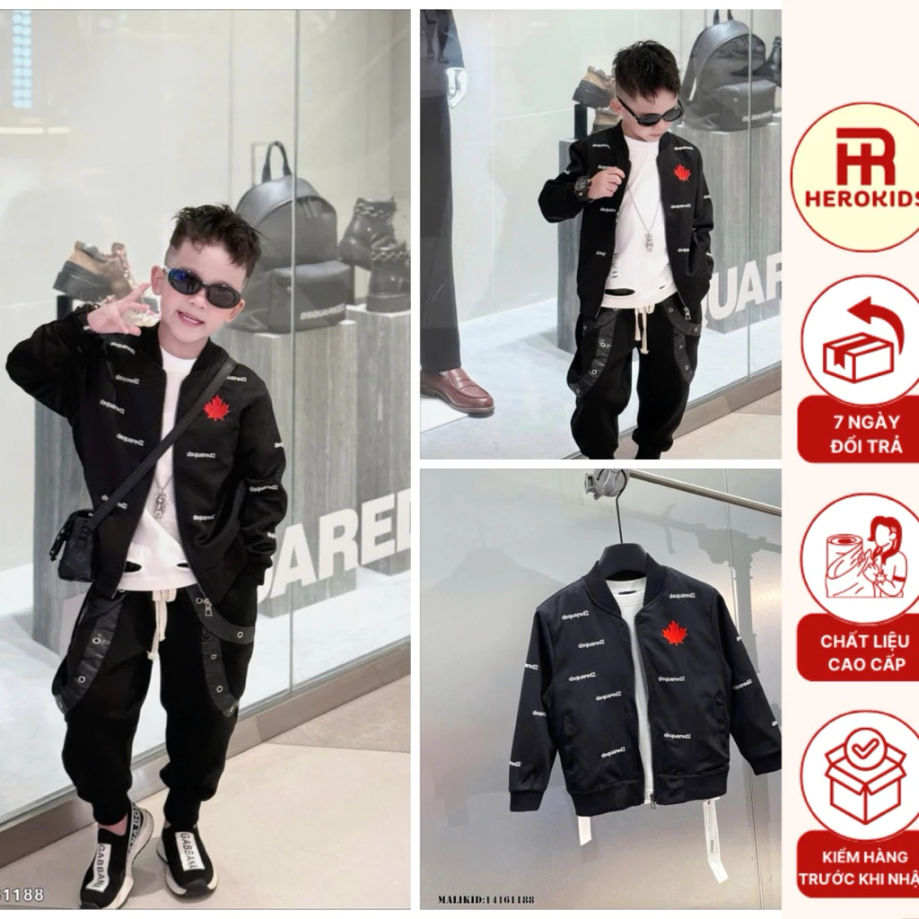 Áo khoác bomber gió bé trai thêu logo monogram phối tag lưng 2 lớp 14161