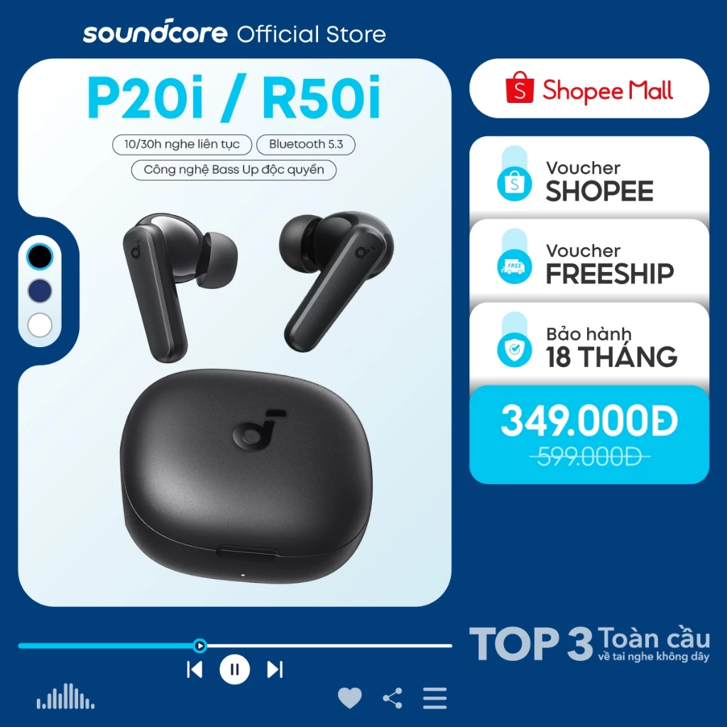 Tai nghe bluetooth soundcore R50i (P20i) siêu nhỏ gọn | 30 giờ phát nhạc | Chống nước IPX5 | Tích hợp phiên dịch