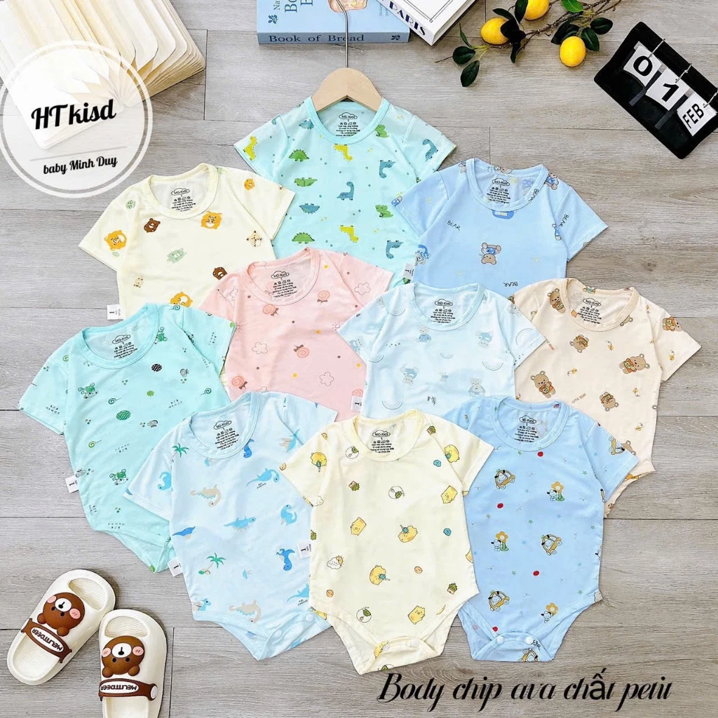 Combo 3-5 body chip cộc chất thun peptit mềm mại thoáng mát nền màu in họa tiết cho bé từ 3-9kg