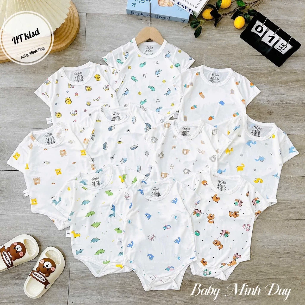 SET 5 BODY CHIP CỘC TAY CHẤT VẢI THUN PEPTIT MỀM MẠI NỀN TRẮNG IN HỌA TIẾT CHO BÉ TỪ 0-9 THÁNG