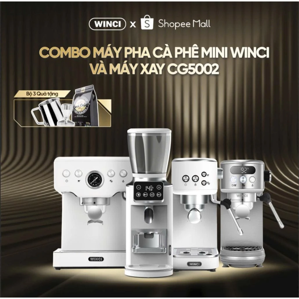 Combo Máy Pha Cà Phê Winci và Máy xay cà phê Winci CG5002, dùng cho gia đình.