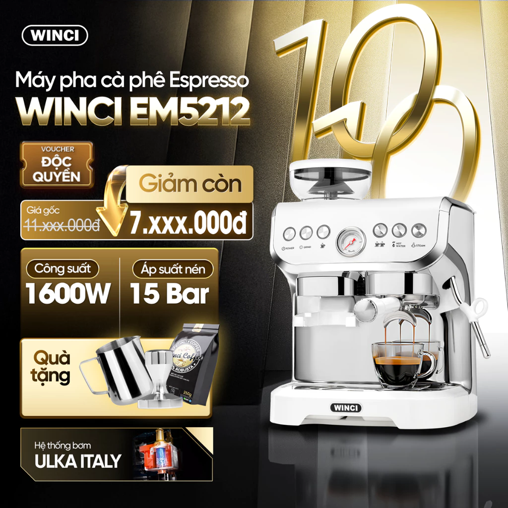 Máy xay hạt và pha cà phê Espresso Winci EM5212, Pha chế nhiều loại cà phê, Bảo hành 1 năm