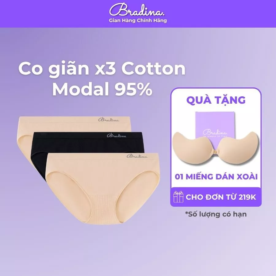 Combo 3 Quần lót nữ kháng khuẩn Modal Everyday Bradina chất gỗ sồi, co giãn, thấm hút tốt QLM1