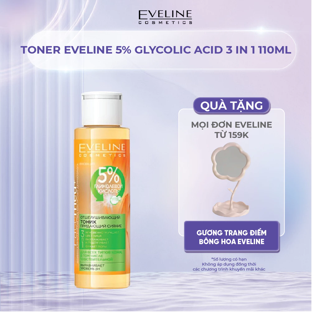 Toner Eveline 5% Glycolic Acid 3 in 1 cấp nước, làm da căng bóng 110ml
