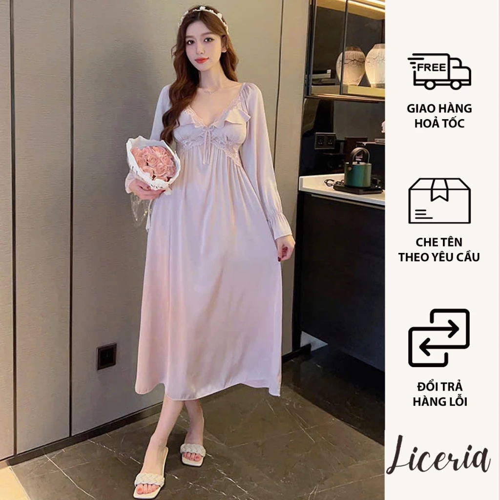 Đầm Ngủ Lụa Cao Cấp LICERIA Phong Cách Công Chúa Quý Phái Thiết Kế Cố V Viền Ren Sang Trọng