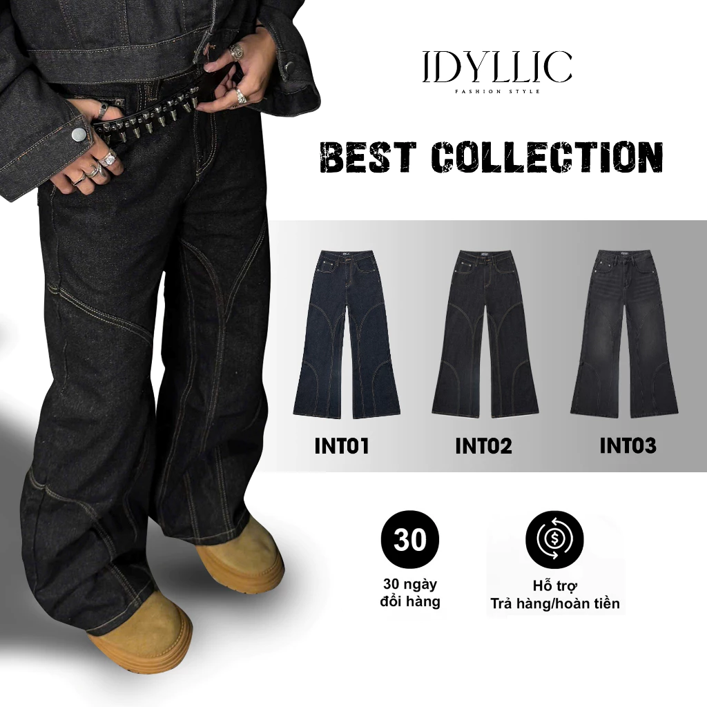 Quần Jean Ống Loe, Rộng Họa Tiết Nam Nữ Che Khuyết Điểm – Denim Đứng Form Wash Vintage – IDYLLIC