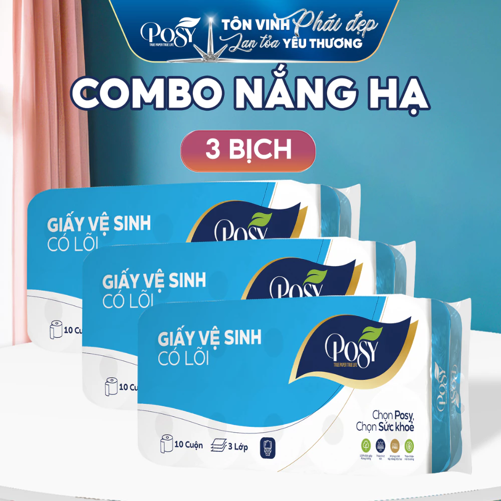 POSY - COMBO 3 Bịch Giấy Vệ Sinh 10 cuộn 3 lớp (1.6kg/bịch), giấy mềm mịn, làm từ bột giấy tự nhiên, siêu tiết kiệm