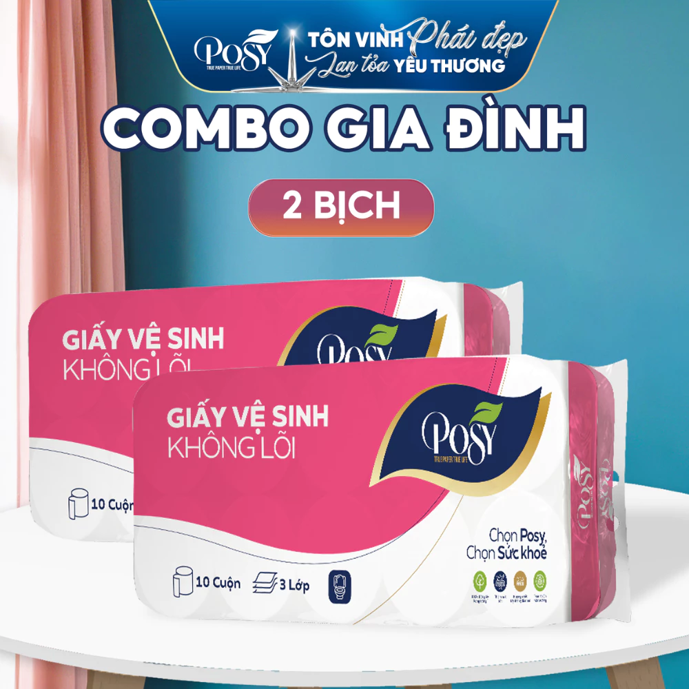 POSY - COMBO GIA ĐÌNH - SET 2 BỊCH GVS 10 cuộn 3 lớp Posy (1.6kg/bịch) mềm mịn, thoáng nhẹ, tiết kiệm cho mọi gia đình