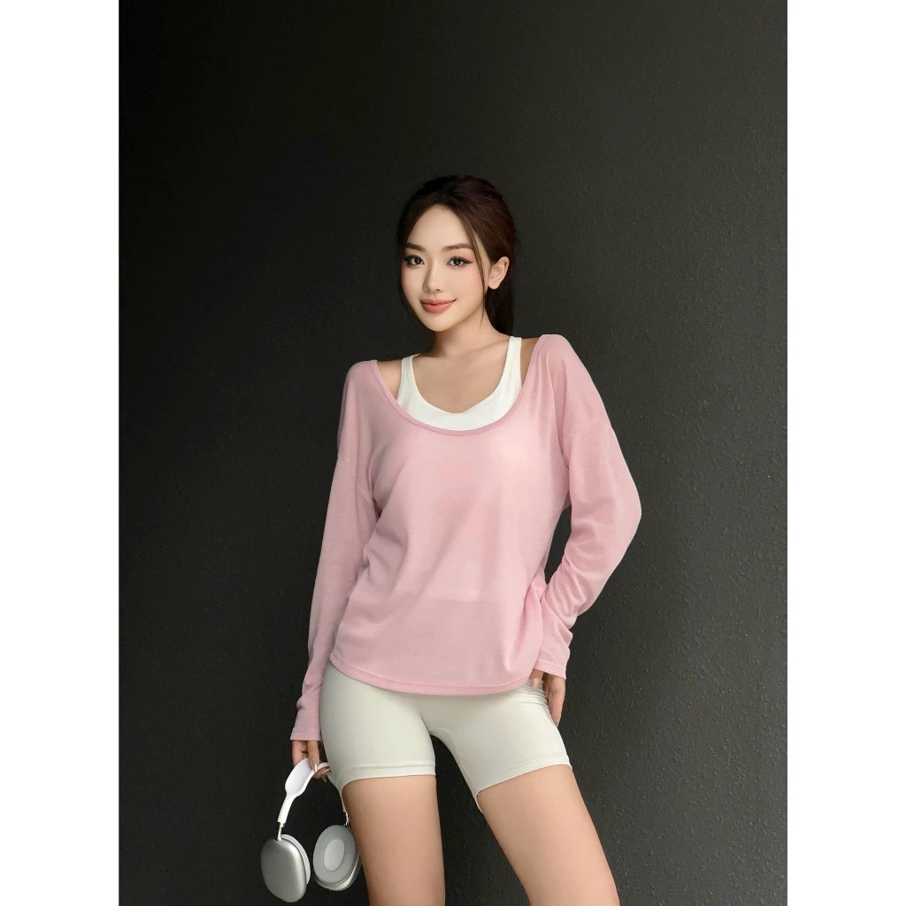 Áo thể thao nữ tay dài, dáng rộng, cổ tròn, chất liệu dệt kim từ sợi tổng hợp 85% Polyester + 15% Viscose AD-COCO