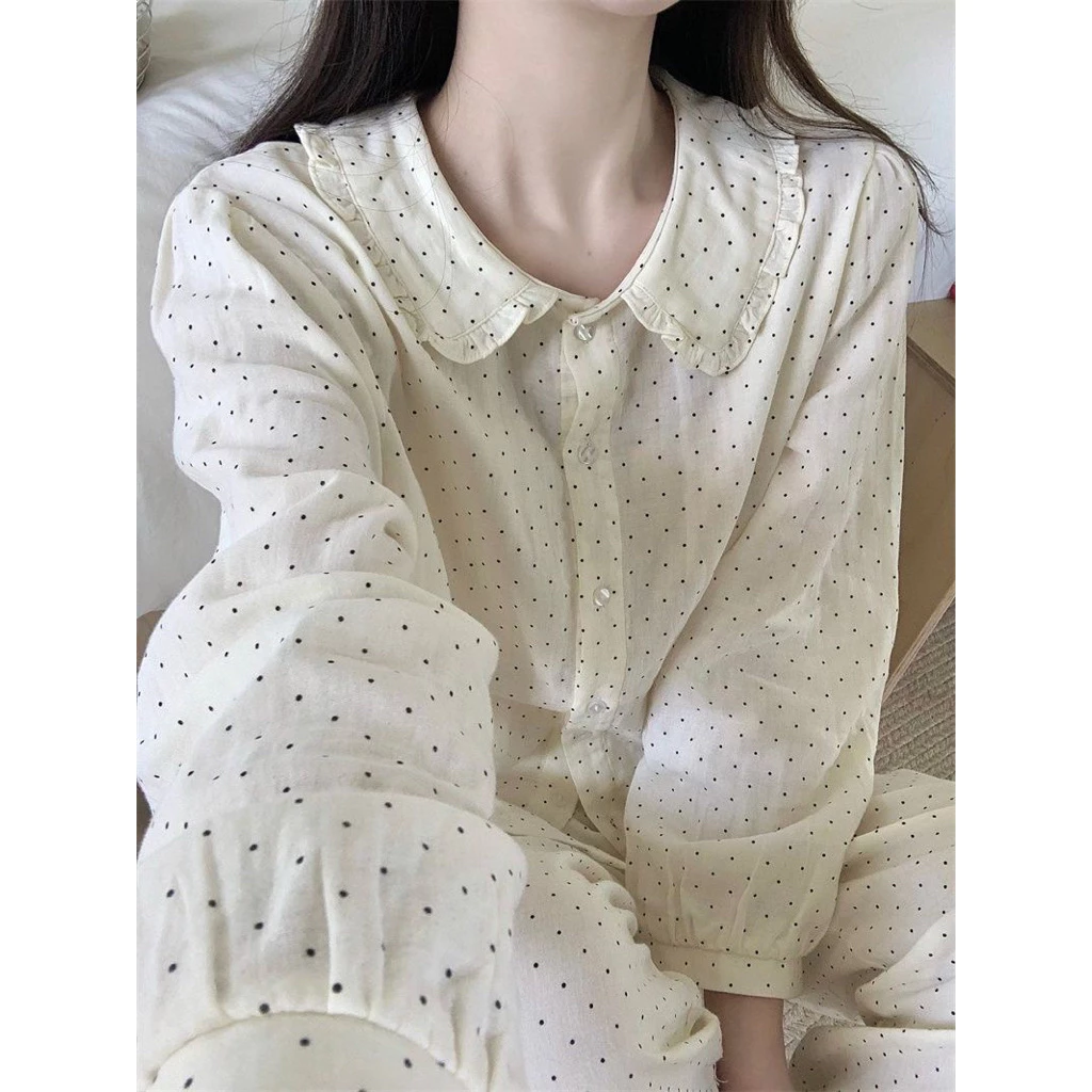 [670] Bộ ngủ pijama cổ sen dài tay cho nữ hoạ tiết chấm bi đơn giản nhẹ nhàng chất đũi cotton mặc ở nhà thoải mái