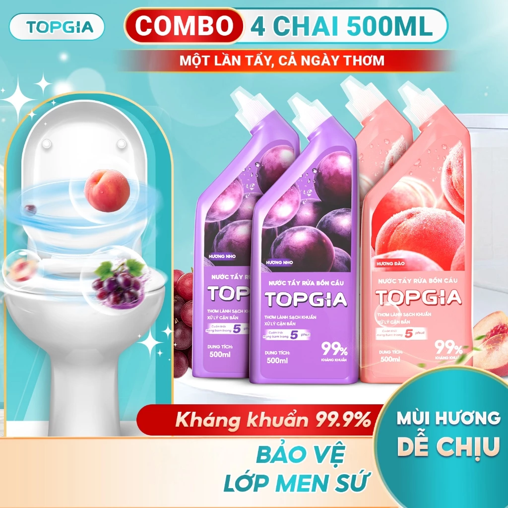 Nước tẩy bồn cầu TOPGIA hương nho đào khử mùi hôi phù hợp với nhiều bề mặt sạch khuẩn sạch lâu dài