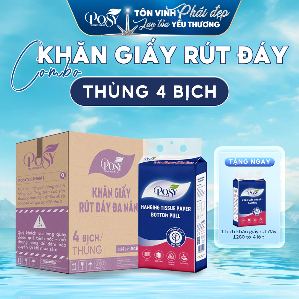 COMBO ĐA NĂNG - THÙNG 5 BỊCH GIẤY RÚT POSY ĐA NĂNG 1280 TỜ 4 LỚP MỀM MỊN SIÊU TIẾT KIỆM TẶNG KÈM MÓC TREO TƯỜNG