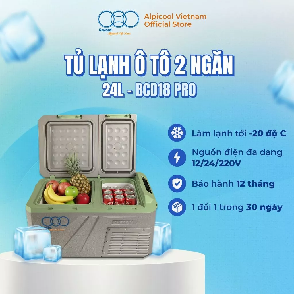 Tủ Lạnh Ô Tô Mini Chính Hãng Alpicool Việt Nam BCD18 PRO 24,2 lít Làm Đá Bảo Quản Đồ Ăn Tiện Lợi