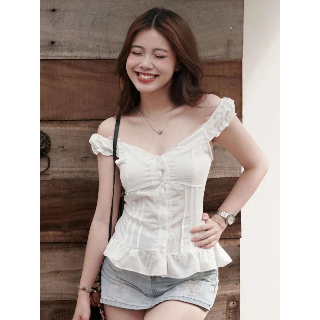 Áo Babydoll Kiểu Xinh Nữ Vạt Xòe Phối Cúc Bọc Vải Mùa Hè KENCO clothing M534