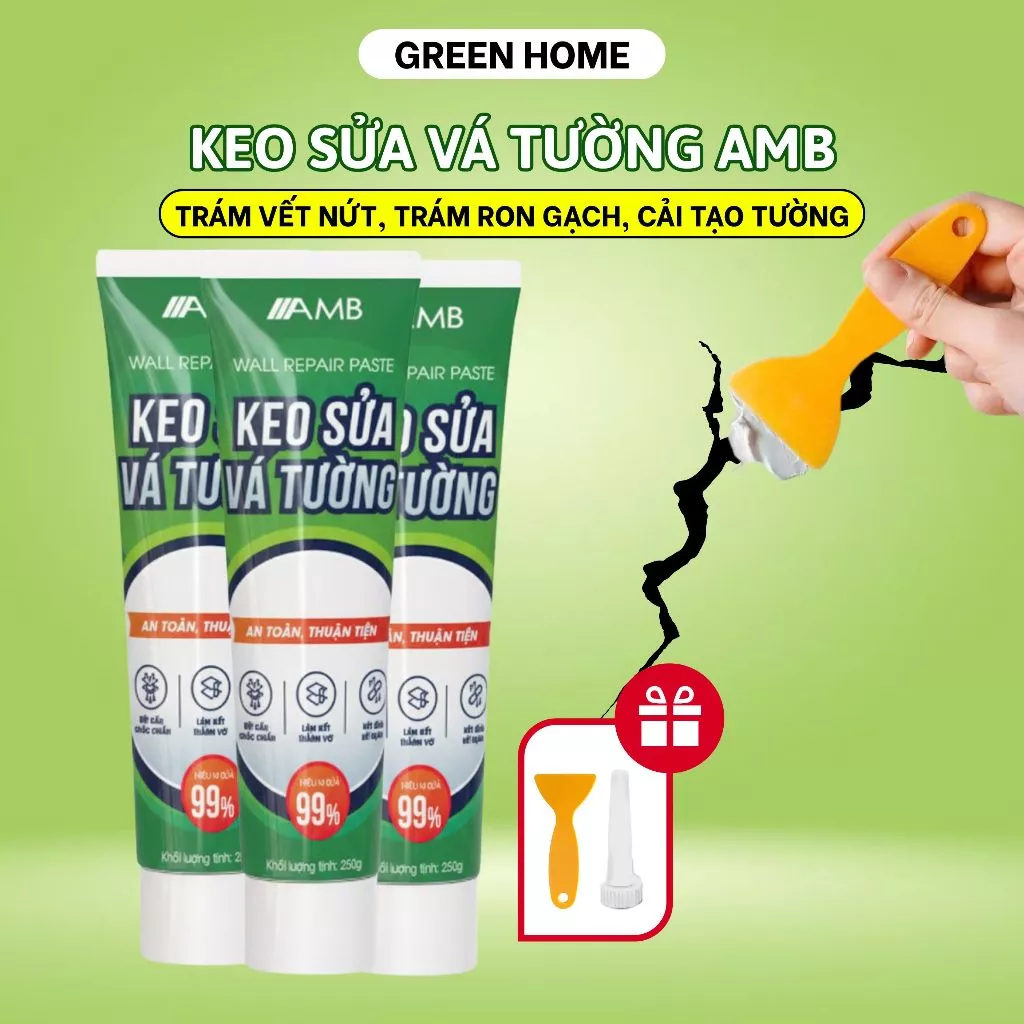 Keo sửa vá tường AMB 250gr, kèm bộ dụng cụ, trám vết nứt tường, lỗ đinh làm đẹp tường an toàn