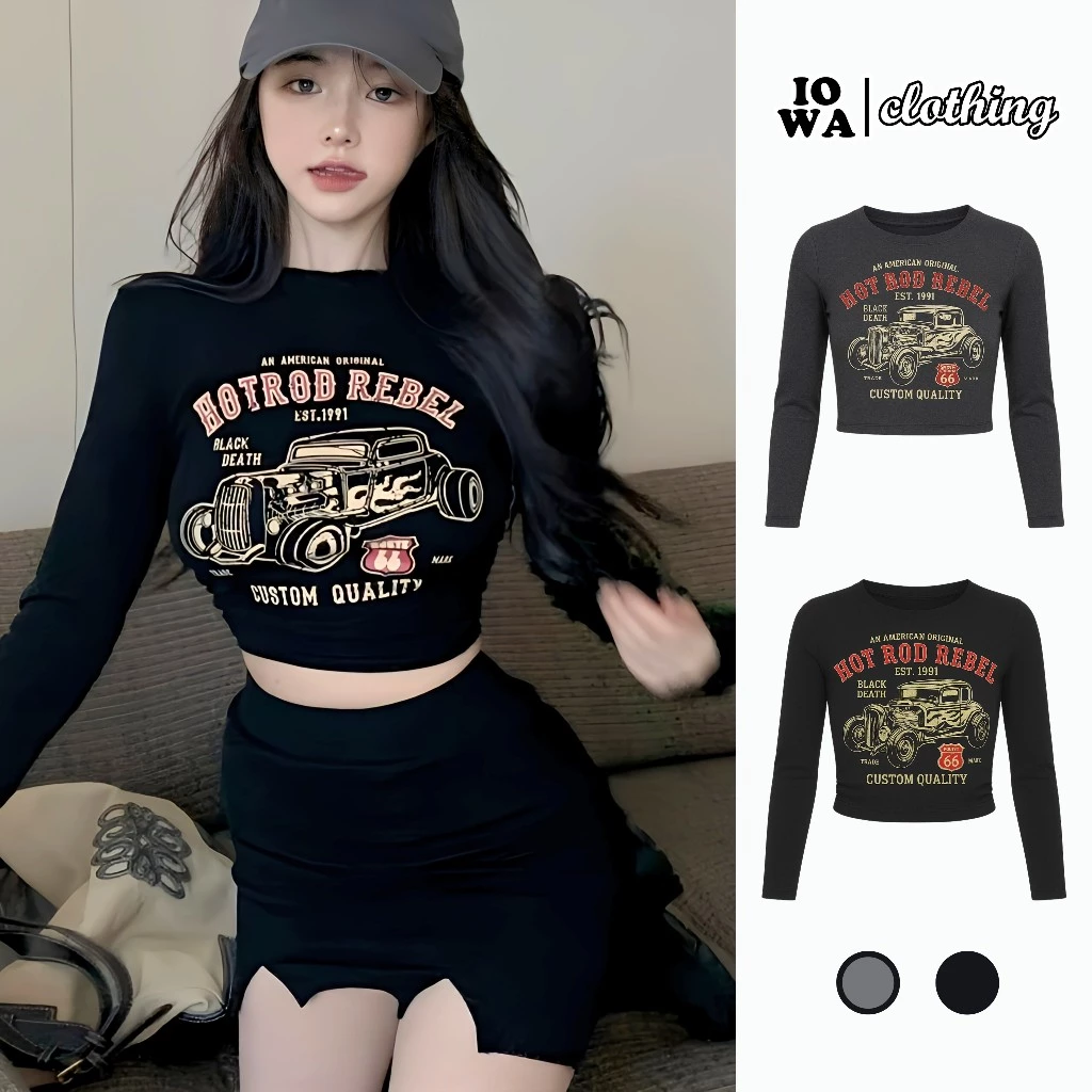 [XẢ HÀNG] Áo Croptop Nữ Tay Dài Bo Nhún Eo In Hình HOTROD Ôm Body IOWA BM33 - Thun Borip Co Giãn, Mềm Mát