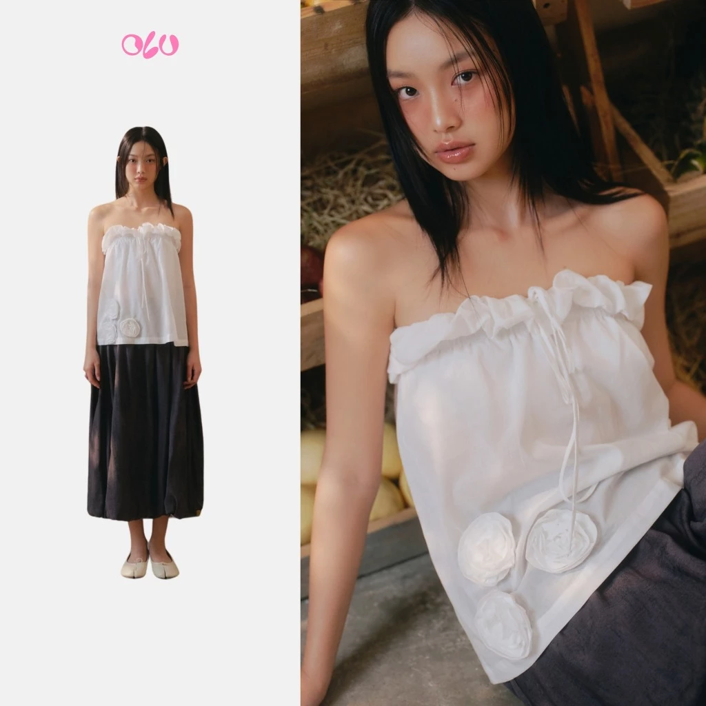 Áo OLV kiểu nữ cúp ngực nhún bèo White Cotton Ruffled Tube Top nữ tính dễ thương