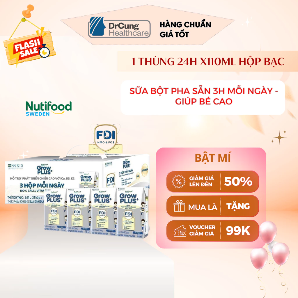 1 Thùng 24 Hộp 110ml Sữa Dinh Dưỡng Nutifood GrowPLUS+ (Bạc) Cao Lớn Vượt Trội Hộp (24 hộp x 110ml)