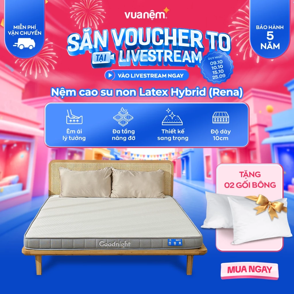 (15.10 Tặng đôi gối bông) Nệm cao su non Goodnight Latex Hybrid, foam kết hợp cao su cứng vừa, phù hợp người đau lưn