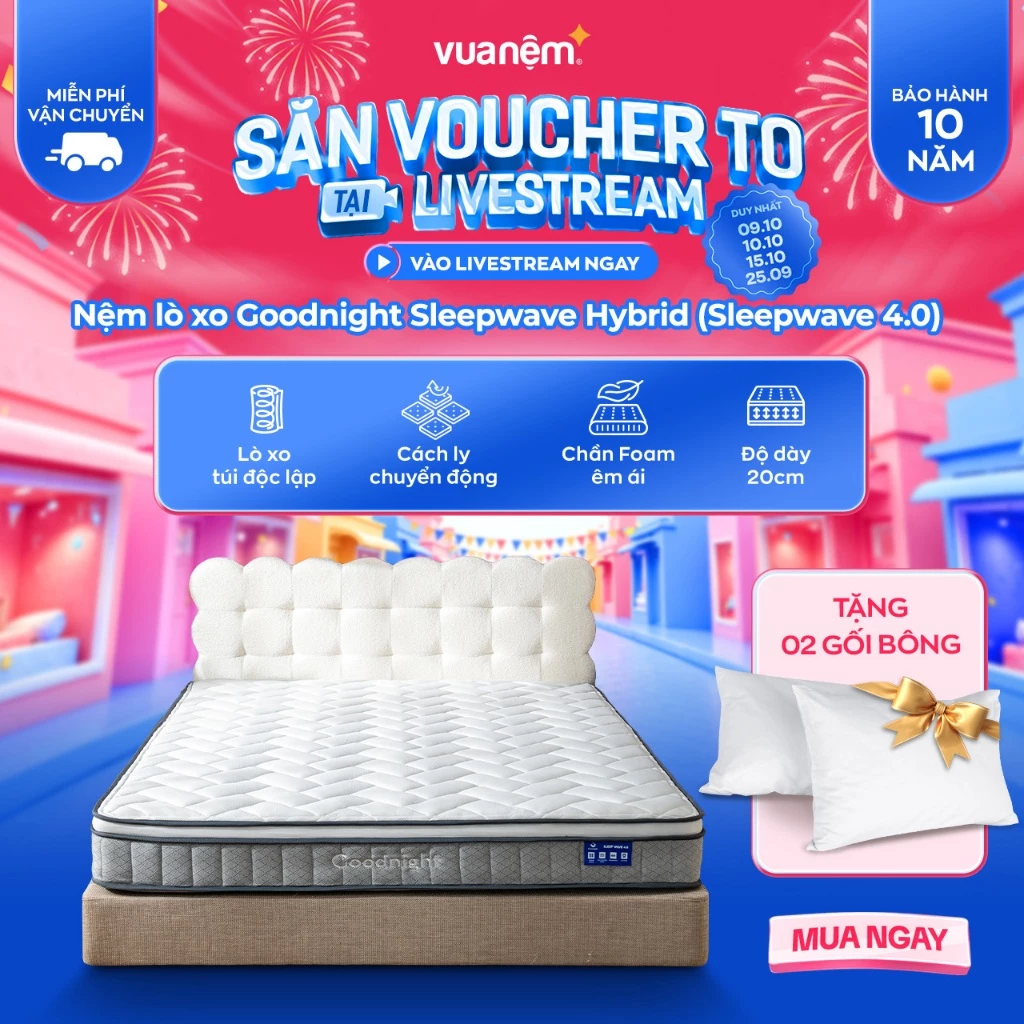 (15.10 Tặng đôi gối bông) Nệm Lò Xo Vua Nệm Goodnight Sleepwave Hybrid 20cm, Đệm Lò Xo Khách Sạn Cách Ly Chuyển Động