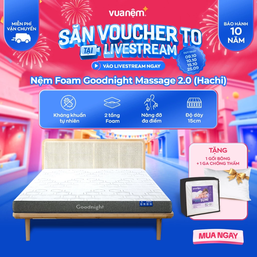 (15.10 Tặng ga chống thấm + gối) Nệm Foam Vua Nệm Goodnight Massage 2.0 (Hachi) 15cm, Đệm Foam Massage Toàn Thân Nâng Đỡ