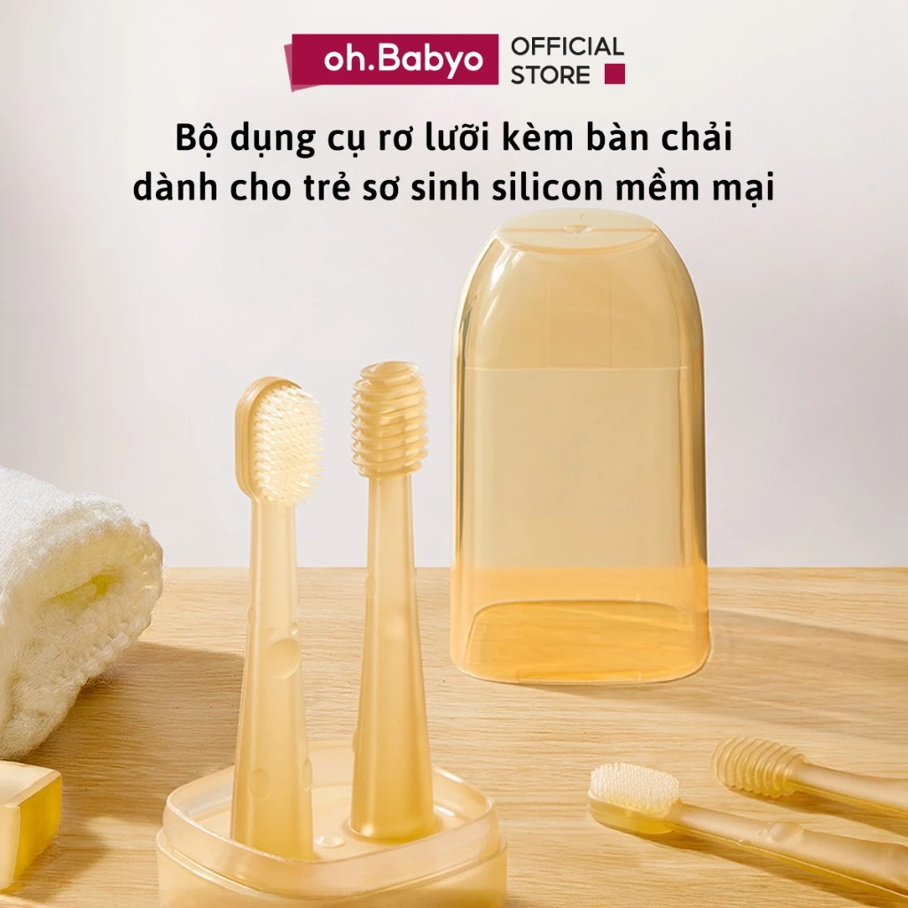 Bộ dụng cụ rơ lưỡi và bàn chải dành cho bé 0-18 tháng ohBabyo Bàn chải silicone mềm mại an toàn