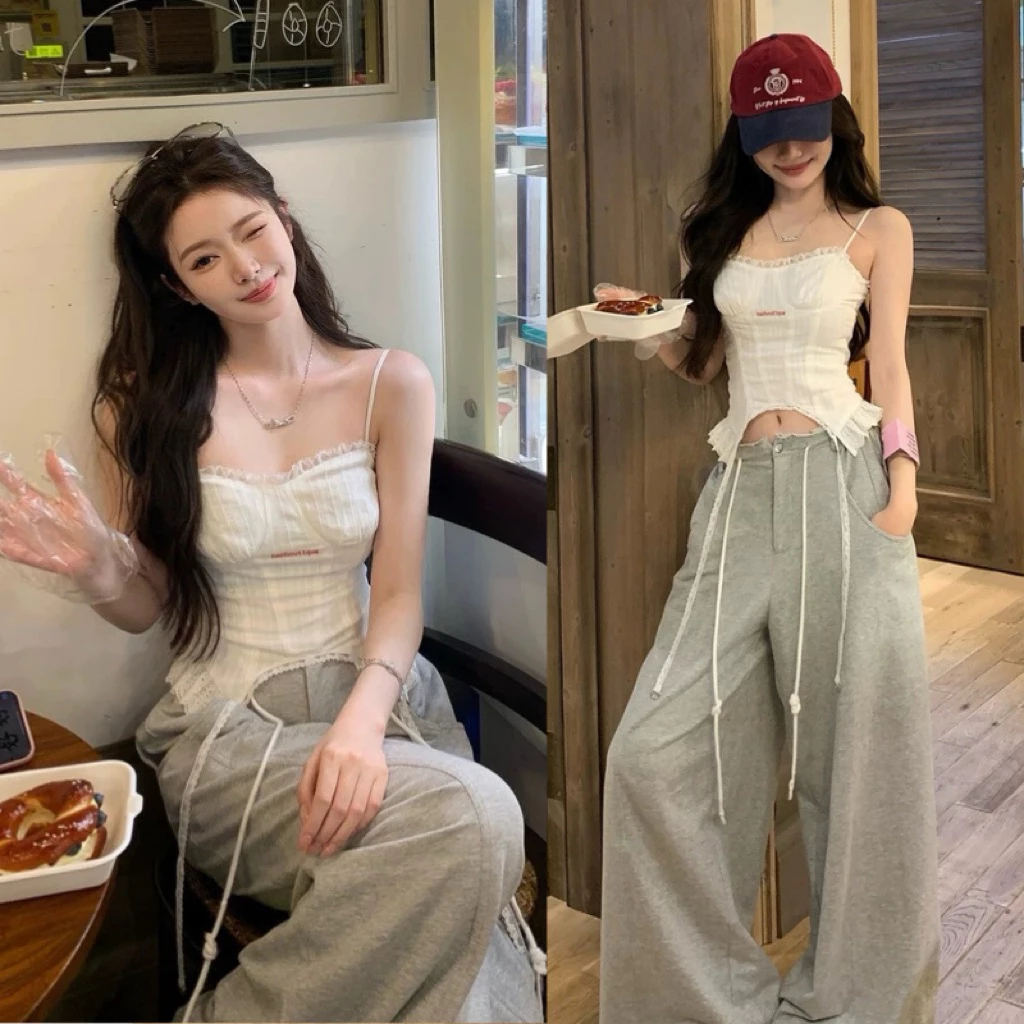 Set Áo Hai Dây Tua Rua Phối Quần Suông Ống Rộng TIBU Set Đồ Nữ Xinh Xắn Tôn Dáng Đi Chơi Dạo Phố B623