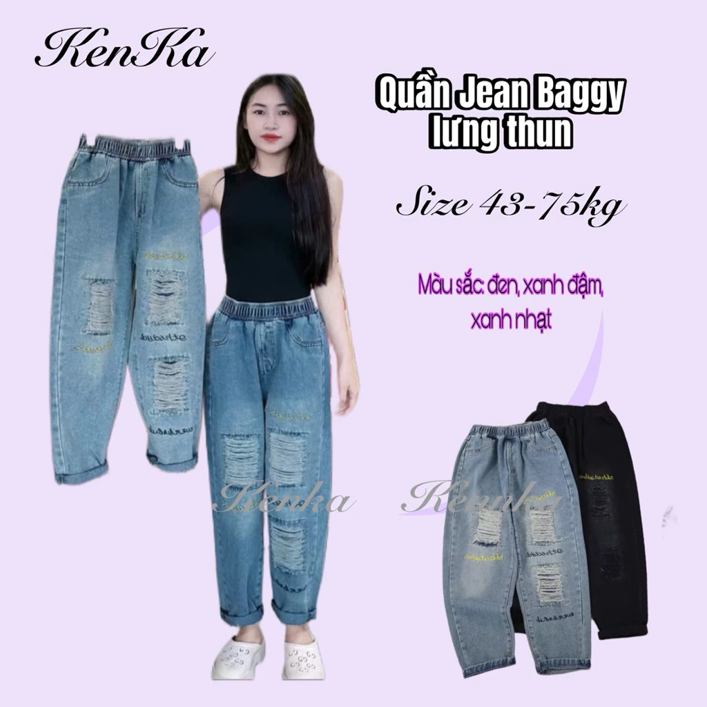 [Ảnh thật] Quần Begy Jun Phom Thụng 9 Tấc-Cạp Cao, Lưng Thun - Quần bò bagy Rách cào thêu Jun