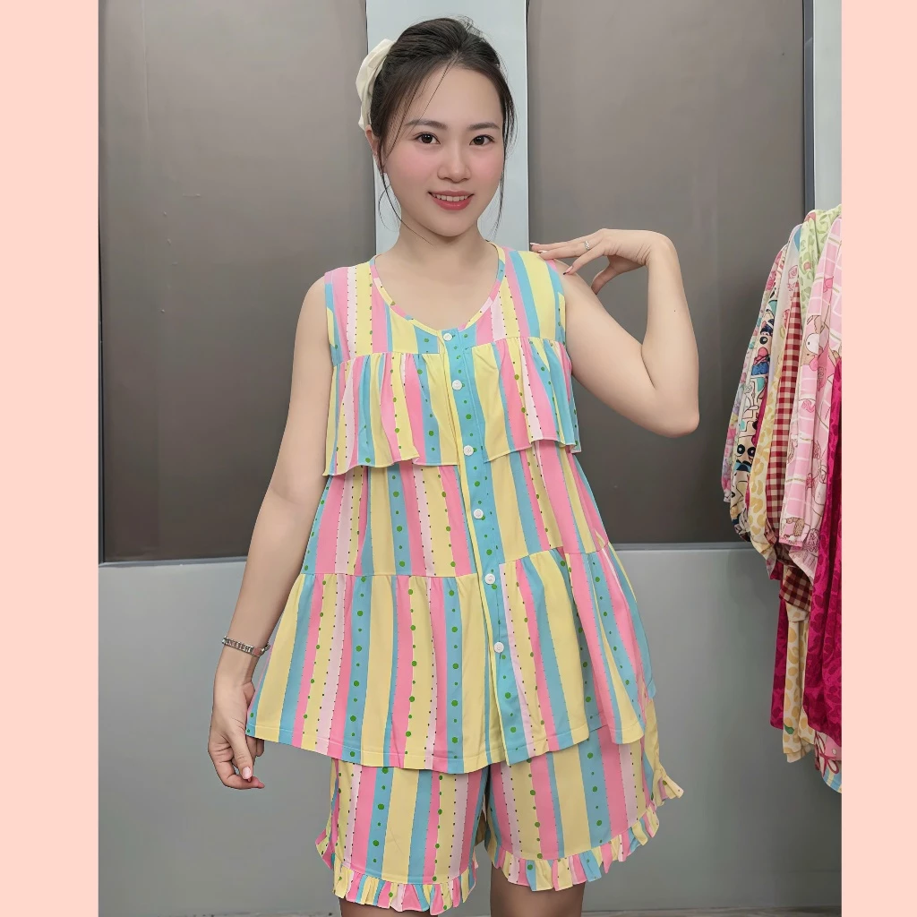 TL251_Đồ Bộ Nữ Măc Nhà Quần Đùi Áo Bèo Ngực Phối Nút,Chất Tole Lanh 2 Da Mềm Mịn Mát