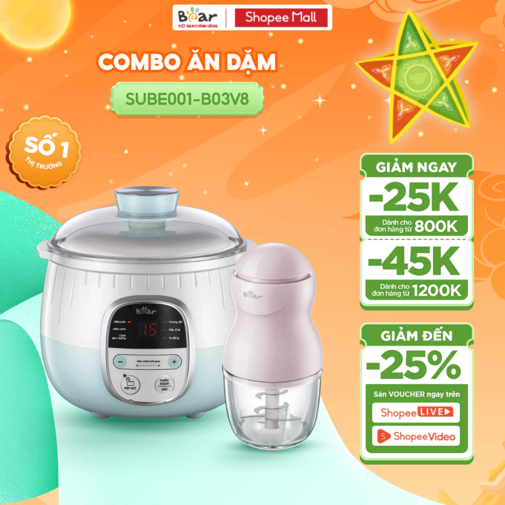 Combo Nồi Nấu Cháo Chậm BEAR SUBE001 Tiếng Việt 0.8L & Máy Xay Ăn Dặm BEAR B03V8 0.3L Nồi Chưng Yến Nấu Cháo Chậm Cho Bé