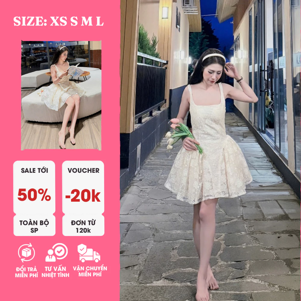 Đầm Ren Xòe Cổ Vuông Dáng Ngắn – Phong Cách Sang Chảnh