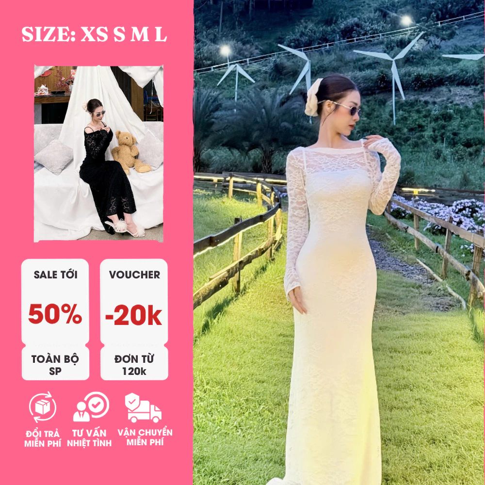 Đầm Bo Dy Ren Dáng Dài Cao Cấp – Trắng & Đen