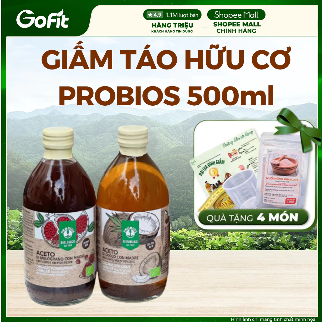 Giấm Lựu & Táo Hữu Cơ Của Ý Có Giấm Cái Probios, Milano 500ml, Hỗ Trợ Giảm Cân Ăn Kiêng Gofit Mart