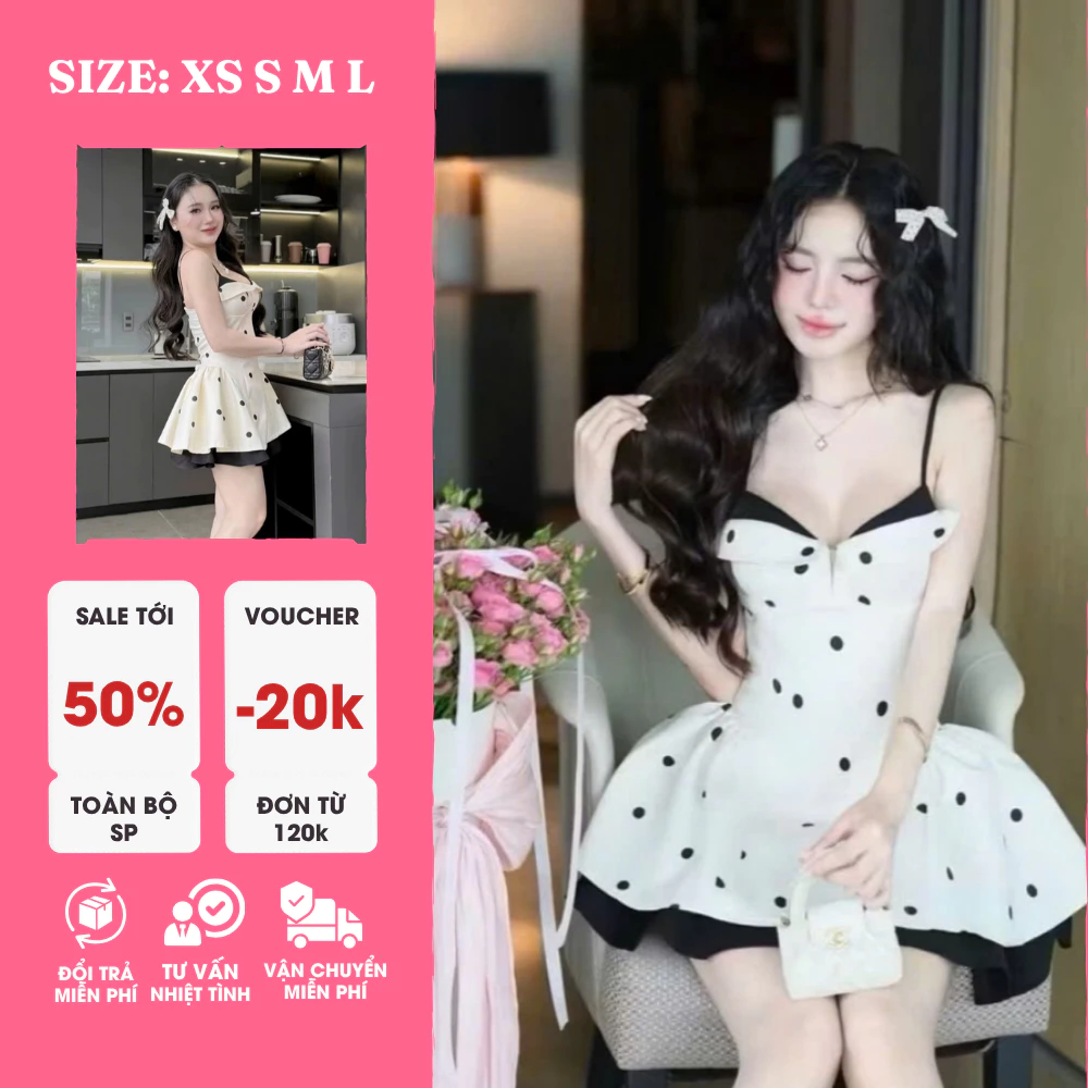 Đầm Bi Hai Dây Cúp Ngực Phố Đen – Polka Charm Dress