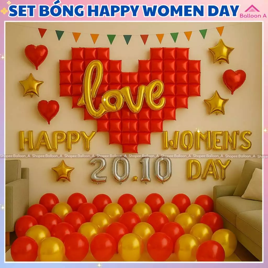 Set Bong Bóng Trang Trí HAPPY WOMEN DAY 20/10 Ngày Phụ Nữ Việt Nam