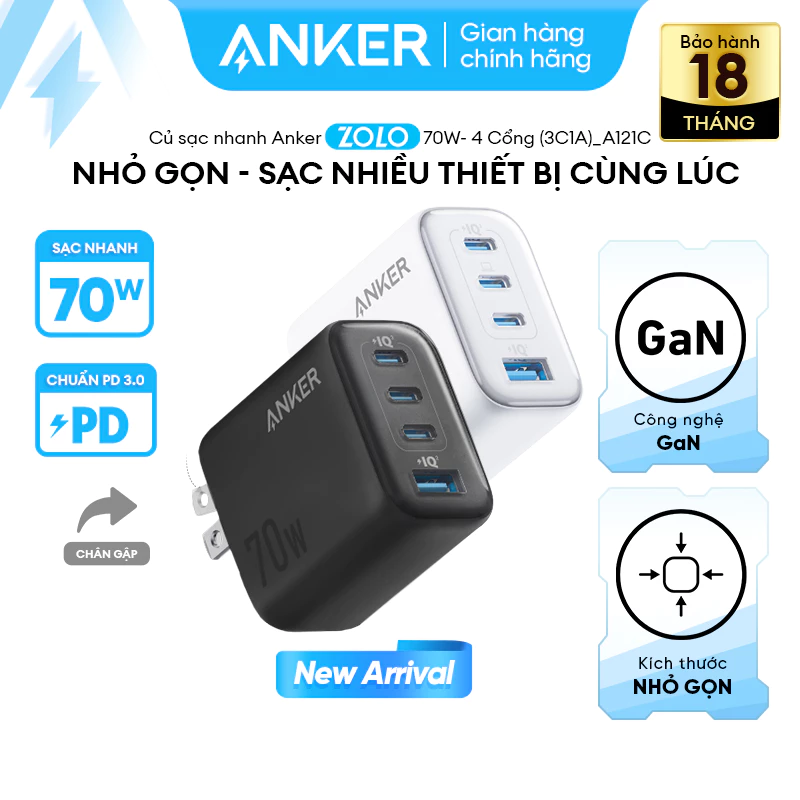Củ sạc nhanh Anker Zolo 70W | 4 cổng (3 cổng USB-C & 1 cổng USB-A) | Chân gập gọn nhẹ | Sạc nhanh đa thiết bị - A121C