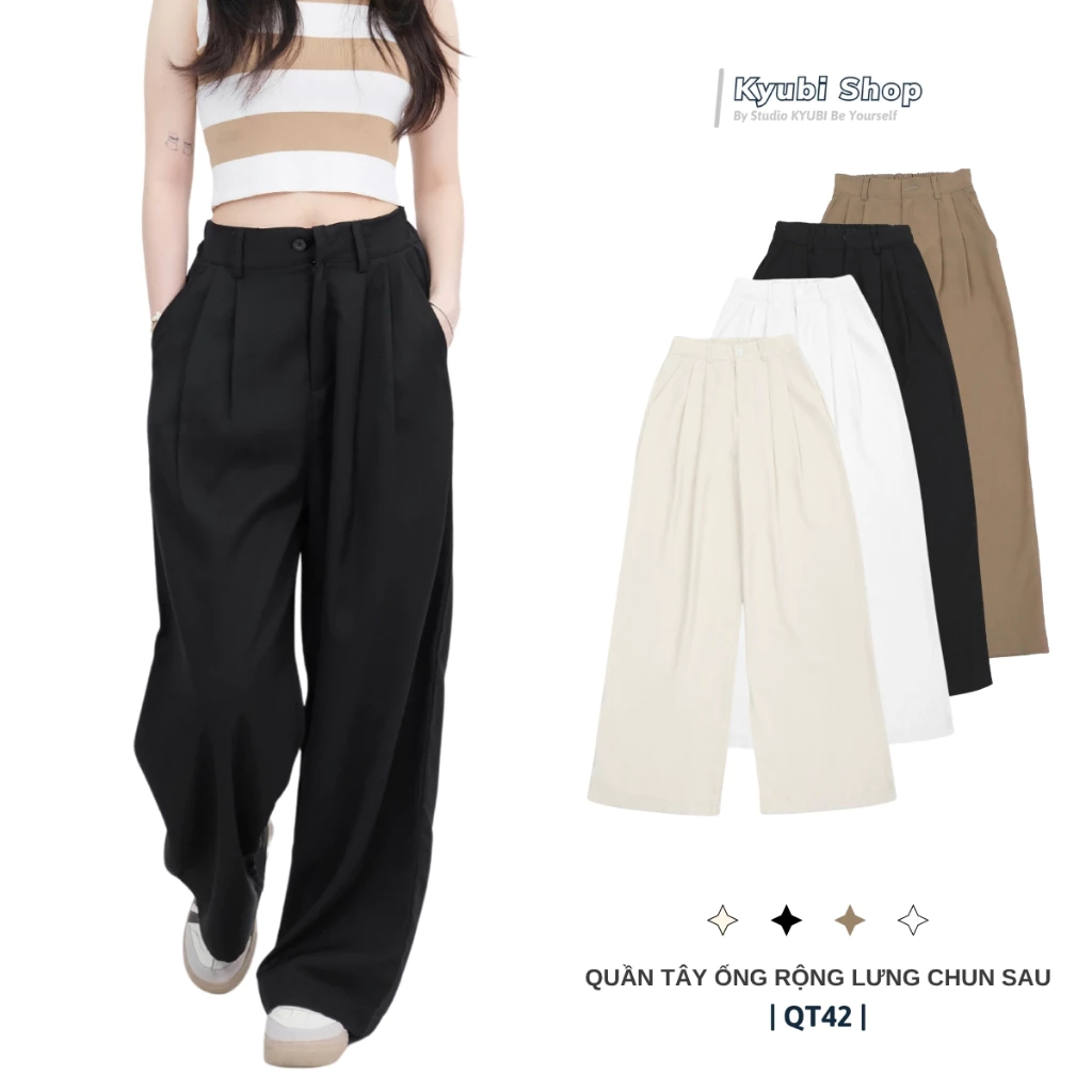 Quần ống suông cullotes công sở rộng bigsize (lưng chun sau) cạp cao vải chéo Hàn cao cấp - Quần tây âu đen đi học QT42