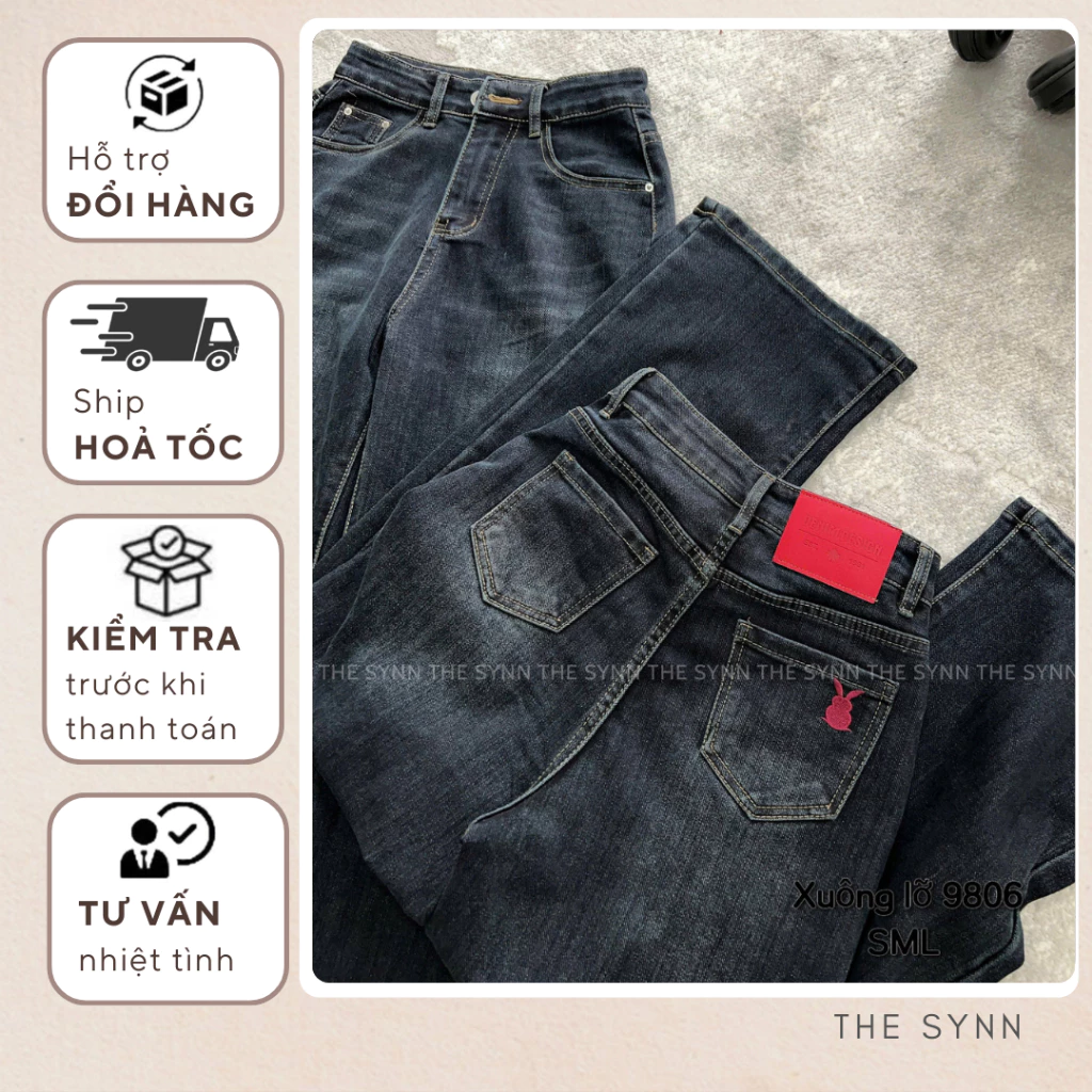 QJ04 - Quần Jeans Suông Loại 1 Co Giãn Phối Thêu Thỏ Phối Tag Hottrend