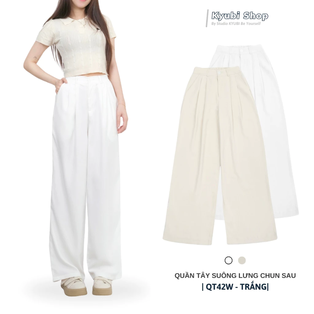Quần ống suông trắng cullotes rộng bigsize cạp lưng cao vải chéo Hàn cao cấp - Quần dài tây KYUBI QT42W