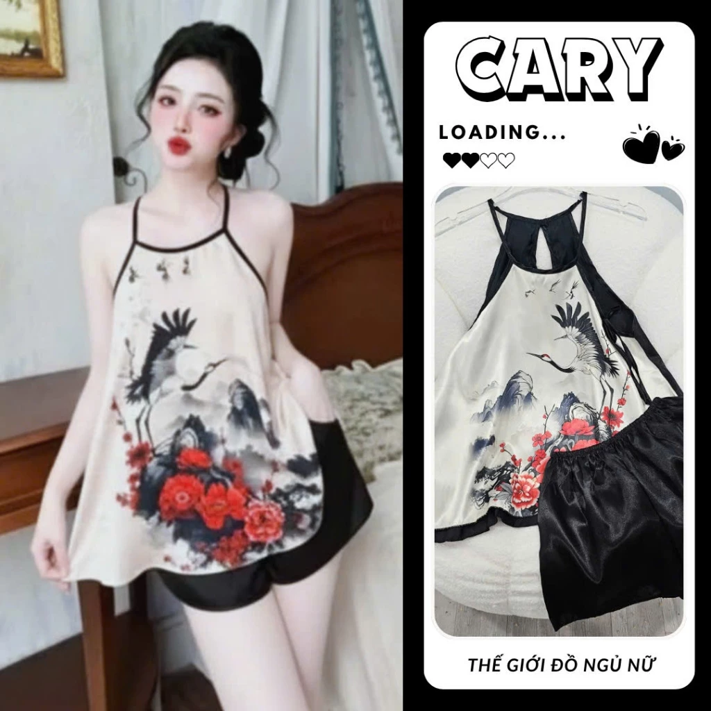 Đồ ngủ sexy 2 dây, bộ ngủ lụa, set đồ mặc nhà yếm in họa tiết 3D gợi cảm CARY