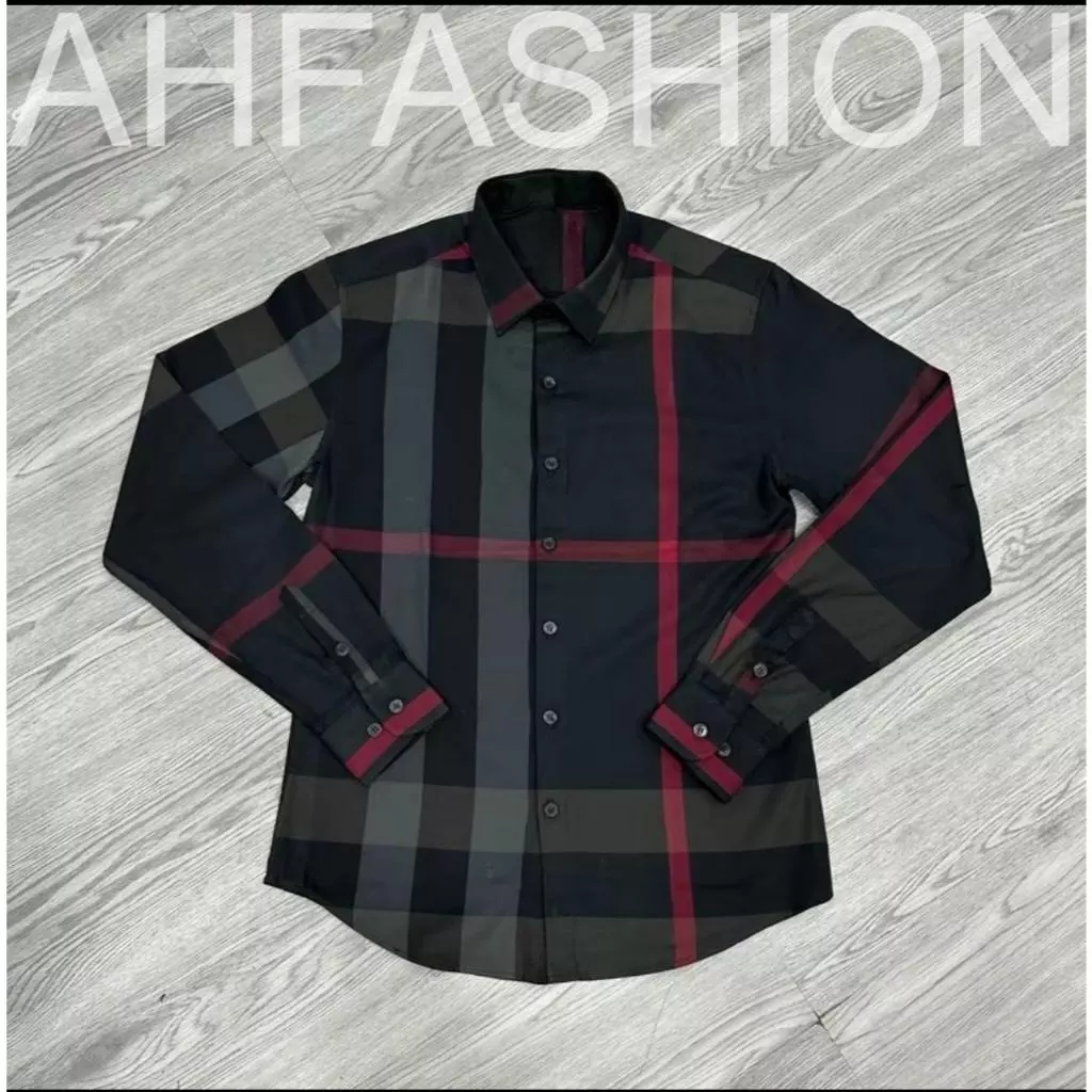 Áo sơ mi nam đen xám sọc đỏ tay ngắn tay dài vải cotton mềm mịn thoáng mát Menswear Có Cổ