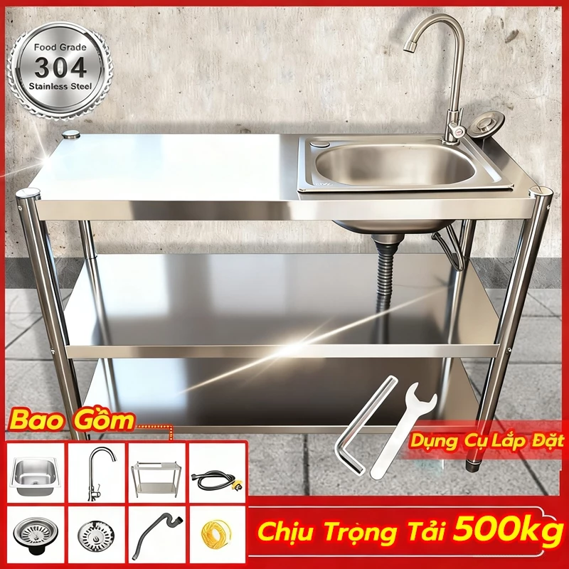 Chậu Rửa Chén 1 Hộc 1 Cánh 304 Inox Có Chân Bàn Thao Tác Nhà Bếp 2、3 Tầng Có bộ xả ,vòi nước,Dài 80~140CM