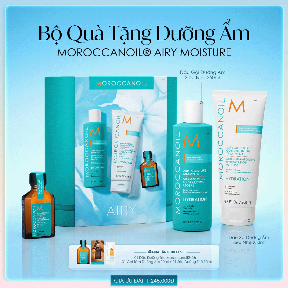 [TẶNG DẦU DƯỠNG TÓC 25ML] Bộ Quà Tặng Dưỡng Ẩm Tóc Moroccanoil® Airy Moisture